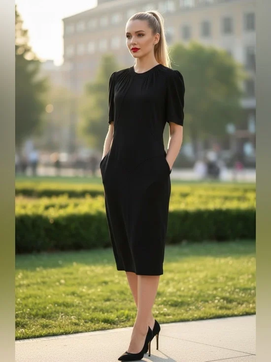 CHANEL Black Midi Sheath Dress with Short Sleeves - Picture 8 of 13